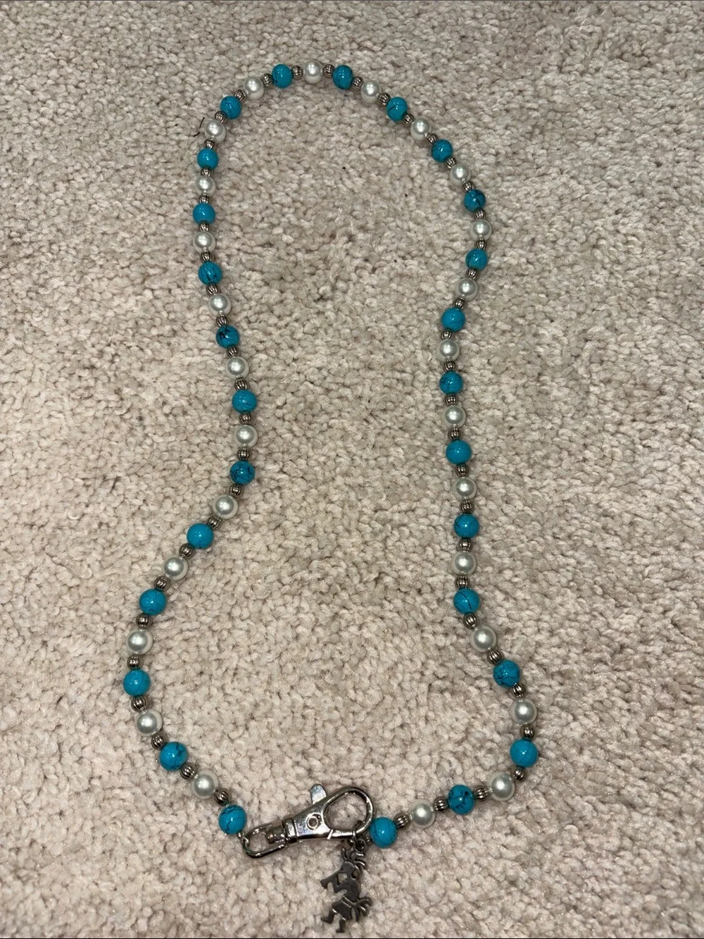 12-Turquoise and Silver Beaded Necklace with Charm - Women Jewelry